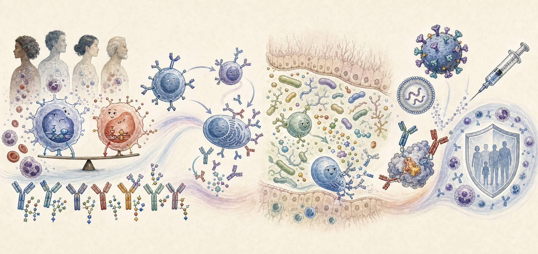 Illustrated journey from diverse human immune baselines through B-cell and antibody responses, microbiome–immune interactions, and precision vaccination